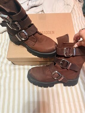 Steve Madden Roland Brown Leather Moto Buckle Boots Size 9